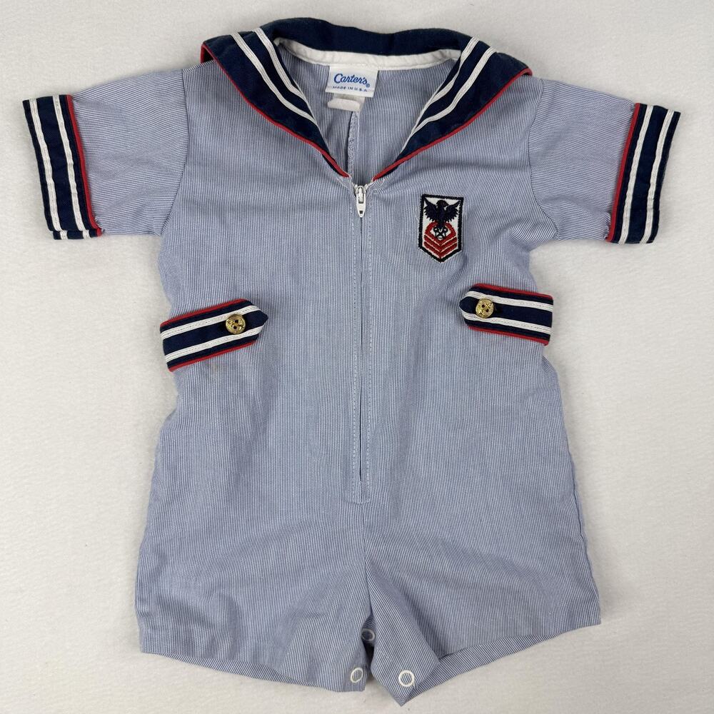 Vintage Carters Romper Sailor Nautical Baby Boys 12 Months Blue Striped Zip USA